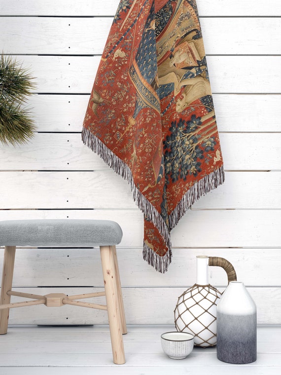 The Lady the Unicorn Woven Blanket Throw Medieval Tapestry Blanket Mille fleurs Middle Ages Art Organic Cotton Tasselled Edging Etsy Canada