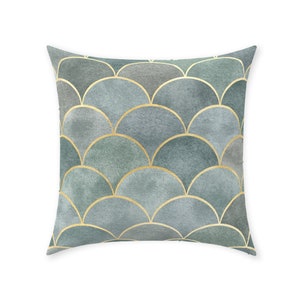 Art Deco-örngott | Tyg med twilltryck i ren bomull | Gatsby vintage-solfjädermönster | Grön grå blå & guld | Dekorativ kudde