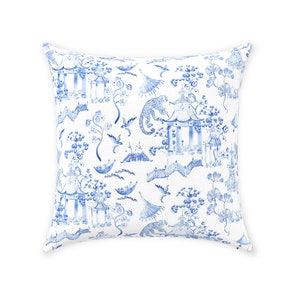 Chinoiserie-apa-örngott | Tyg med rent bomullstvist | Vintage exotisk tropisk djungeldesign | Blå & vit | Dekorativ kudde