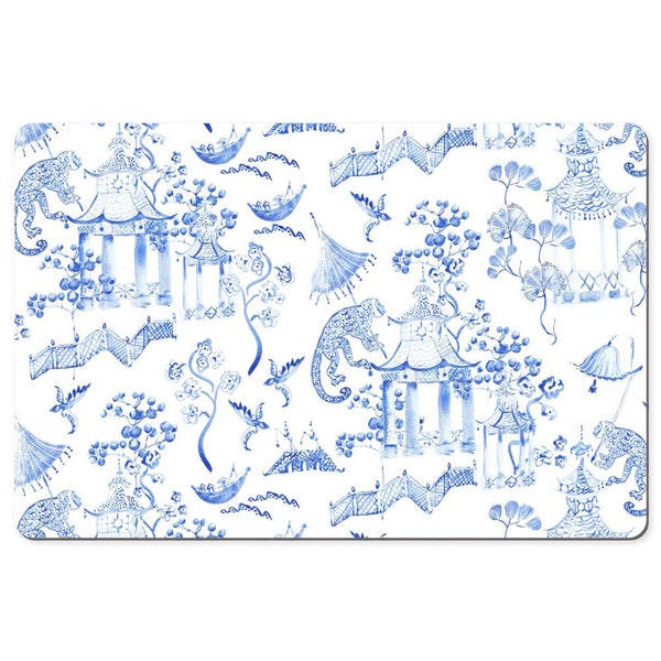 Très grand tapis de bureau en toile de Jouy | Tapis pour clavier bleu et blanc chinosierie | Tapis de souris gaming motif toile vintage | Accessoire pour espace de travail