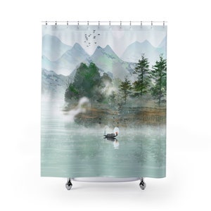 Japanese Lake Shower Curtain | Peaceful Zen Fishing Boat Nature Landscape Art | Oriental Art Painting | Artistic Bohemian Bathroom