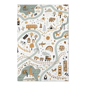 Road Map Nursery Rug | Kids Bedroom Play Mat | Scandinavian Art Rug | Children's Room Area Floor Mat | Animals Bedside Rug | Baby Shower