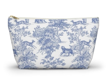 Chinoiserie Cosmetic Bag | Make Up Accessory Pouch | Vintage Toile de Jouy Toiletries Case | Whimsical Jungle Animals Pattern Blue & White