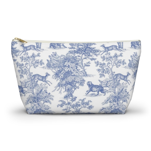 Chinoiserie Cosmetic Bag | Make Up Accessory Pouch | Vintage Toile de Jouy Toiletries Case | Whimsical Jungle Animals Pattern Blue & White