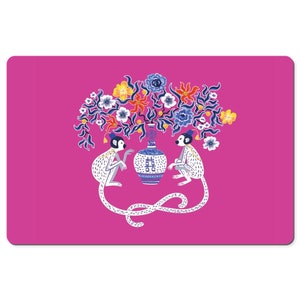 Chinoiserie Monkey Extra Large Desk Mat | Keyboard Mat Batur Hot Pink Monkey | Gaming Mouse Pad Asian Decor | Workspace Accessory
