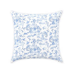 Chinoiserie Monkey Pillow Cover | Pure Cotton Twill Print Fabric | Vintage Exotic Tropical Jungle Design | Blue & White | Decorative Cushion