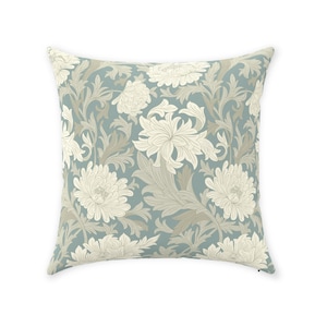 William Morris örngott | Tyg med twillmönster i ren bomull | Mönster med krysantemummotiv i vintagestil | Dimgrå krämfärgad | Dekorativ kudde