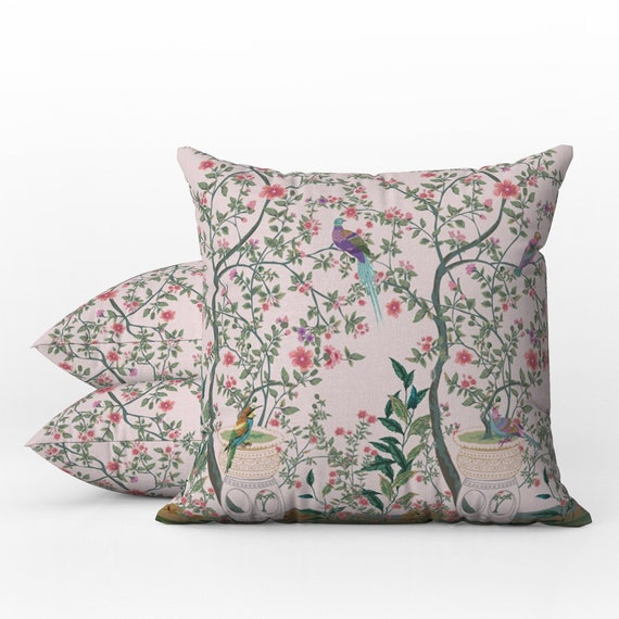 Outdoor Pillows Weatherproof Garden Cushions Chinoiserie Floral Pattern Oriental Pink Peacock Flower Print Chinese Garden Style Etsy