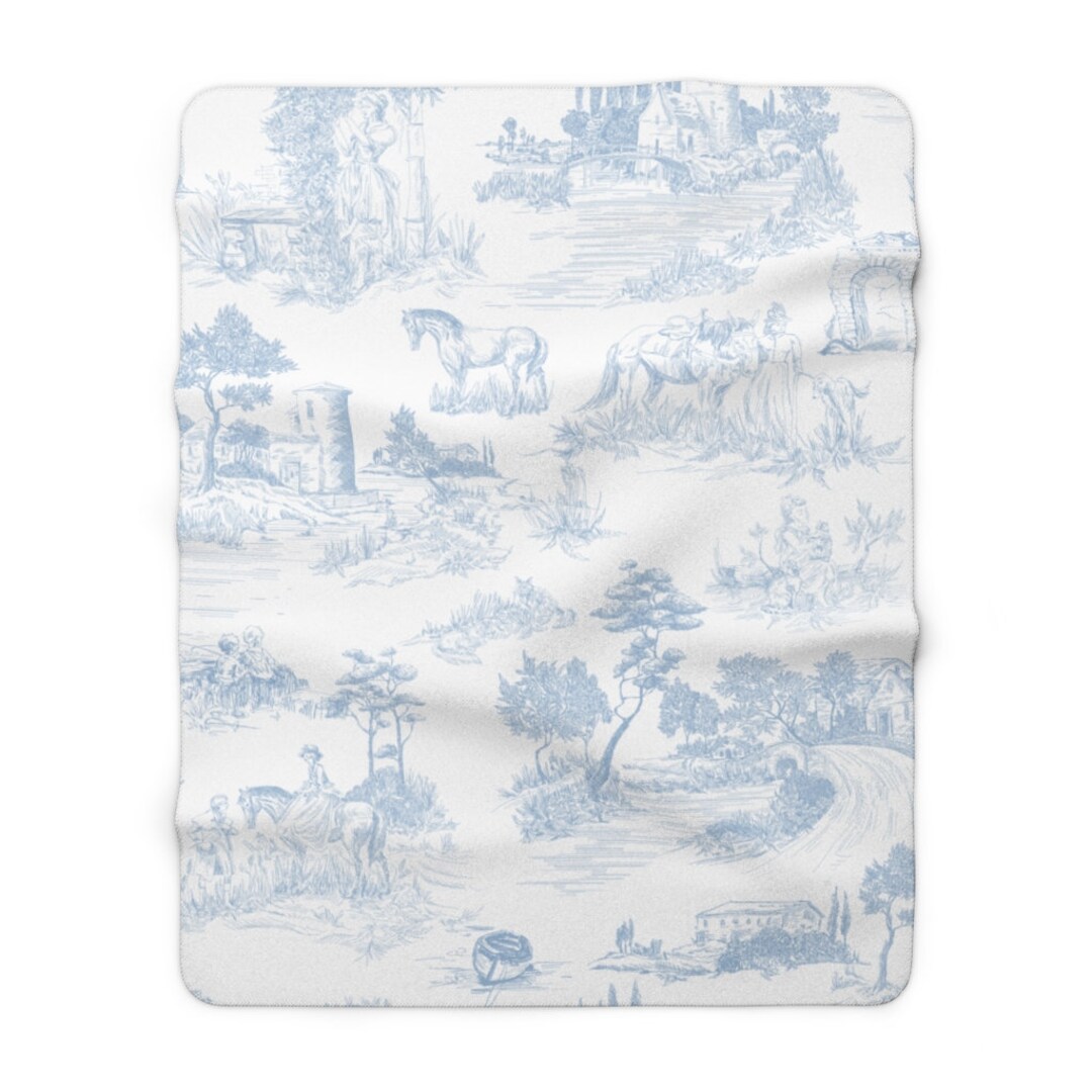 Toile de jouy fleece lined blanket light blue white vintage