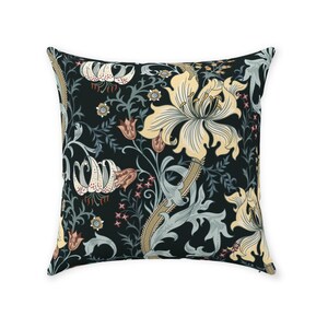 William Morris Pillow Cover | Pure Cotton Twill Print Fabric | Enchanted Golden Lily Design | Black & Pastel Decorative Floral Cushion