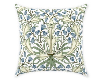 William Morris Pillow Cover | Pure Cotton Twill Print Fabric | Vintage Bluebell Design Pattern | Blue Green & White | Decorative Cushion