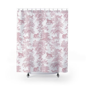 Tiger Toile Shower Curtain | Vintage French Toile Pattern | Pretty Pink & White Exotic Toile de Jouy | Whimsical Retro Asian Bathroom Decor