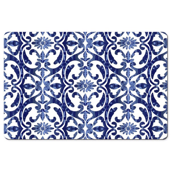 Mediterranean Extra Large Desk Mat | Keyboard Mat Portuguese Tile Print | Gaming Mouse Pad Chic Blue & White Pattern | Workspace Accessory