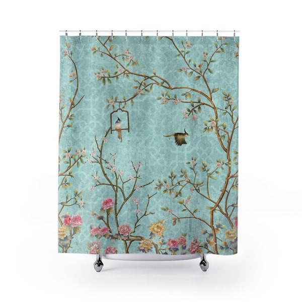 Chinoiserie Duschvorhang | Romantische Kirschblüten Landschaft | Vintage chinesische Kunst Badezimmer Accessoire | Antike Muster Blau Bad Dekor