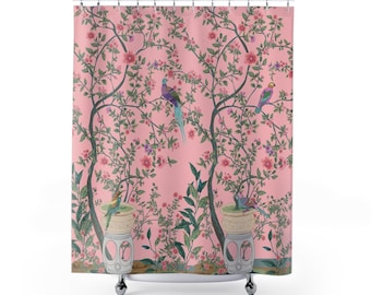 Chinoiserie duschdraperi | Romantiskt körsbärsblommande fågellandskap | Vintage kinesisk konst badrumstillbehör | Antik pastellrosa blommig