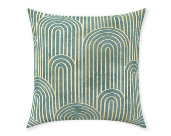 Art Deco Pillow Cover | Pure Cotton Twill Print Fabric | Gatsby Vintage Curve Pattern Design | Pastel Mint Green & Gold | Decorative Cushion