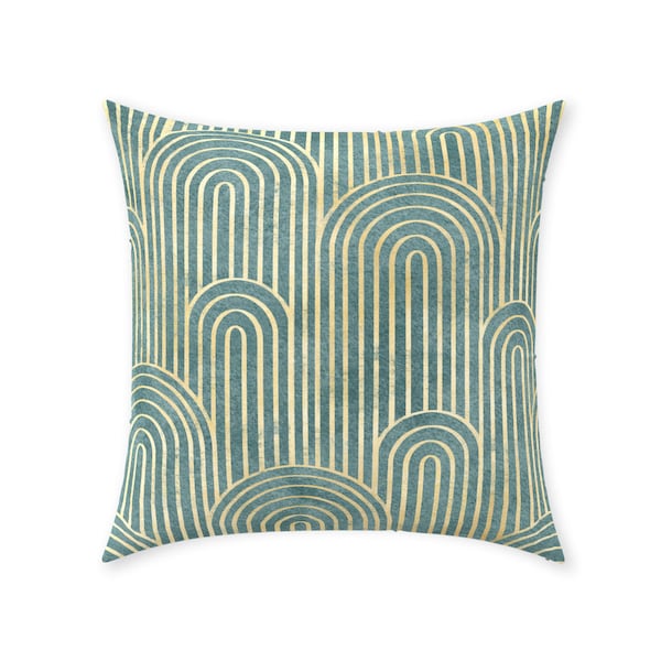 Art Deco Pillow Cover | Pure Cotton Twill Print Fabric | Gatsby Vintage Curve Pattern Design | Pastel Mint Green & Gold | Decorative Cushion