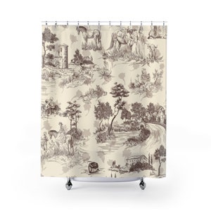 Toile Shower Curtain | Antique Sepia Toile de Jouy Print | Vintage Pattern European Antique | Country Cottage Farmhouse | Bathroom Decor