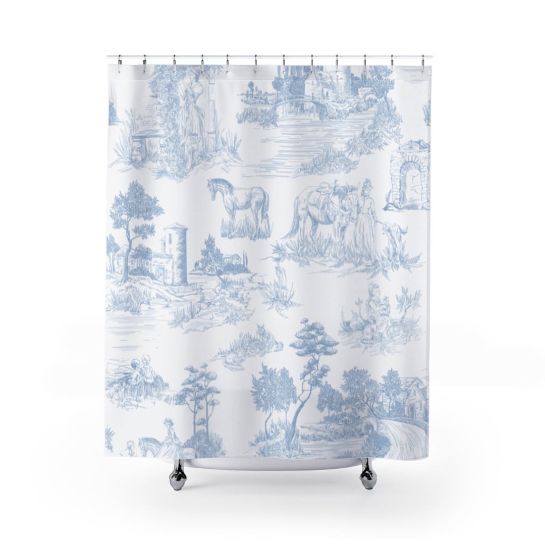 Toile Shower Curtain Soft Blue White French Toile Print Vintage Pattern