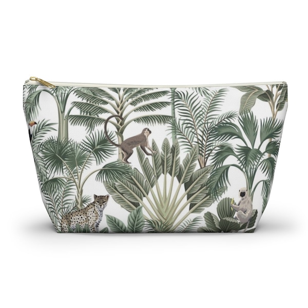 Jungle Monkey Cosmetic Bag | Make Up Accessory Pouch | Exotic Tropical Toiletries Case | Jungle Animals Pattern Green & White Botanical