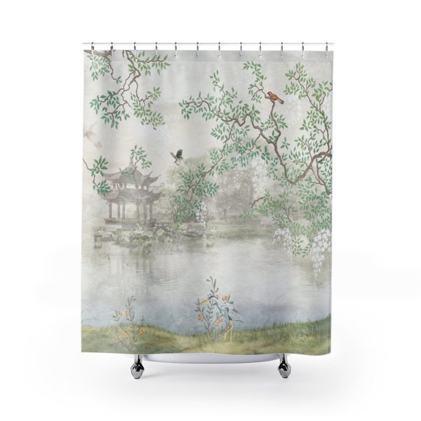 Chinoiserie Shower Curtain | Romantic Zen Garden Landscape | Vintage Chinese Art Bathroom Accessory | Antique Pattern Print Bath Decor