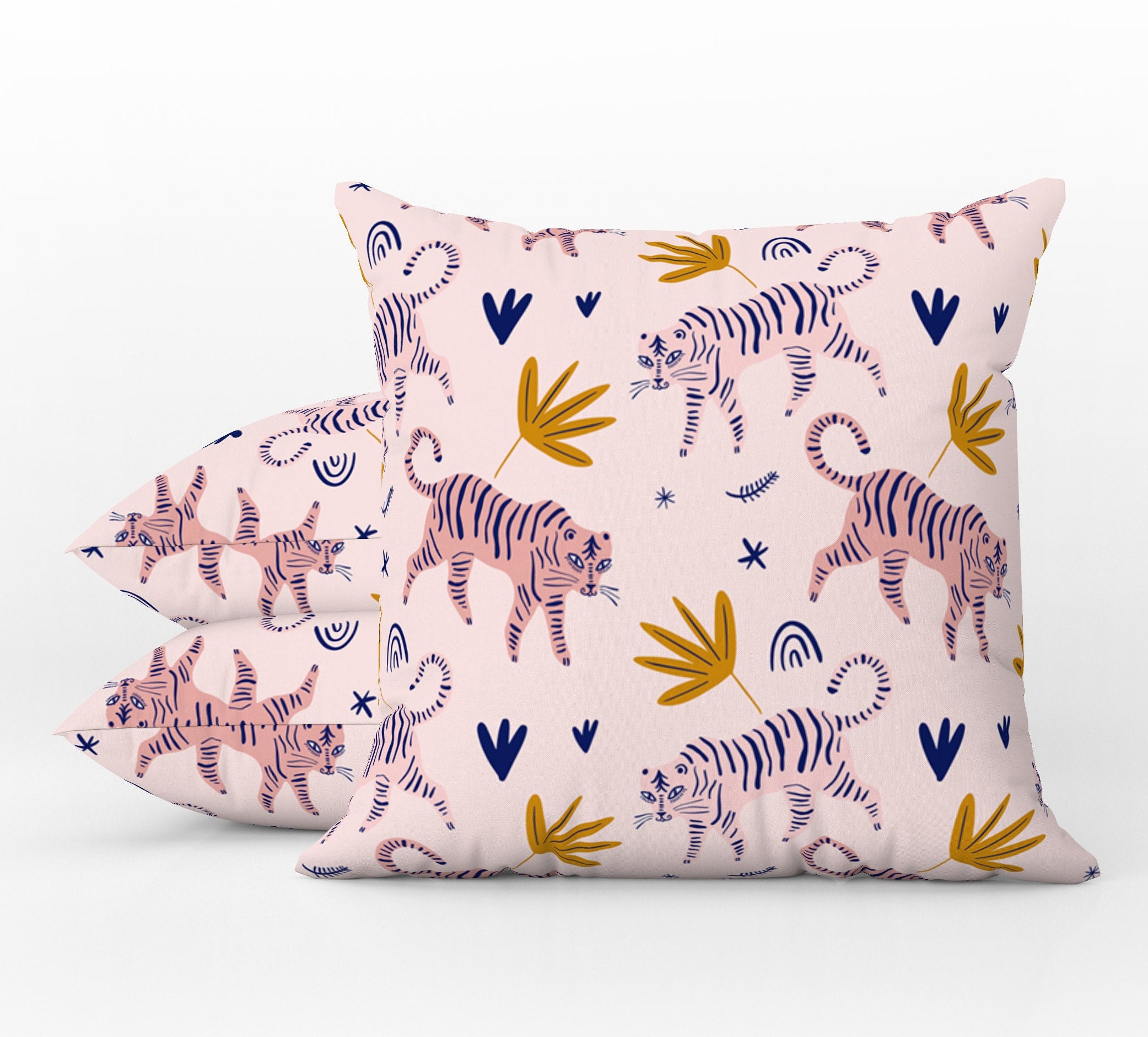 Weatherproof Outdoor Pillows | Showerproof Garden Cushions | Crazy Tiger Pattern | Light Pink & Gold | Decorative Waterproof Pillows