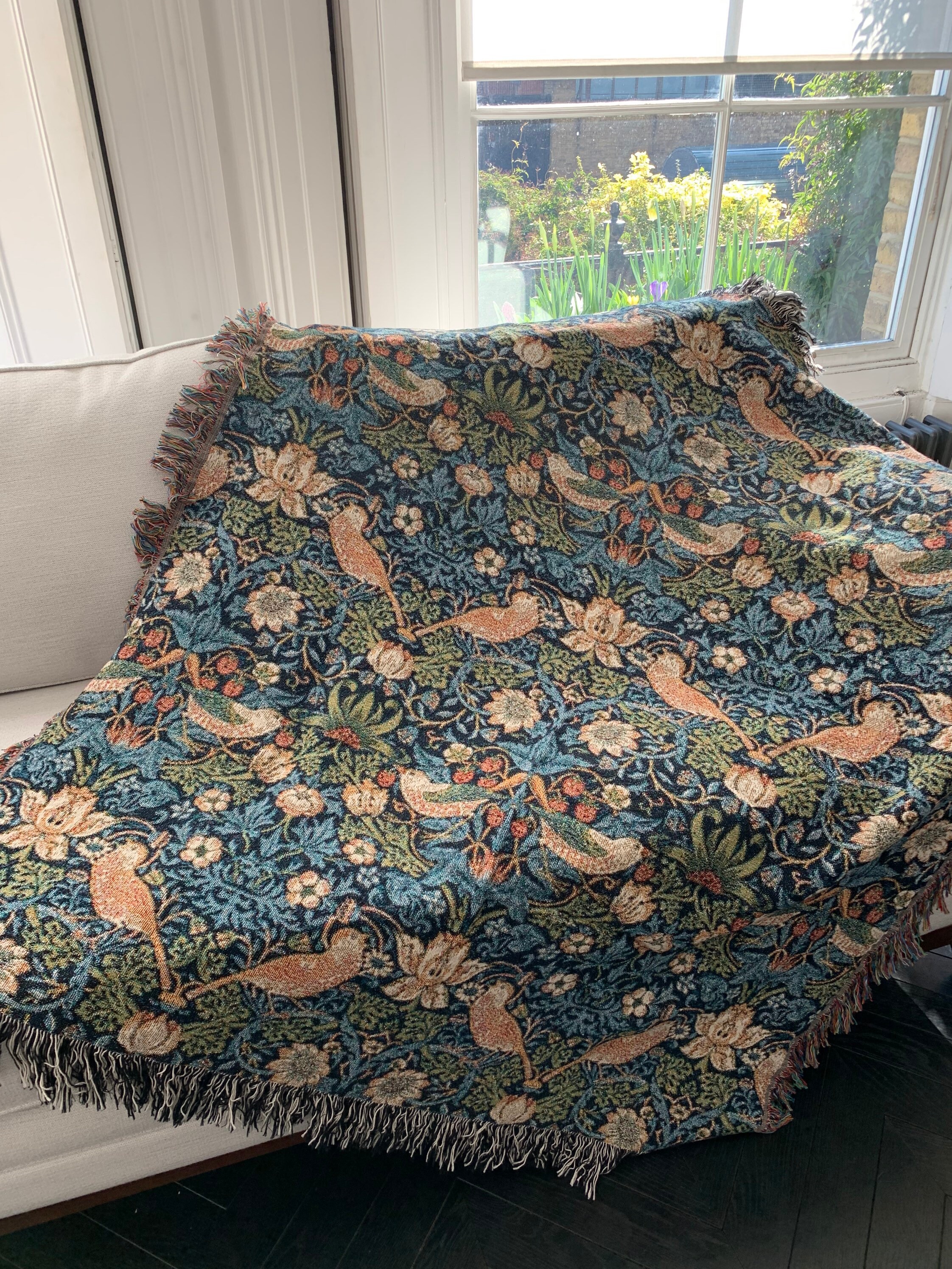 William Morris Strawberry Thief Woven Blanket Cosy Loom Woven Organic Cotton Throw Tudor Blue Botanical Floral Birds Woodland Home Etsy Canada