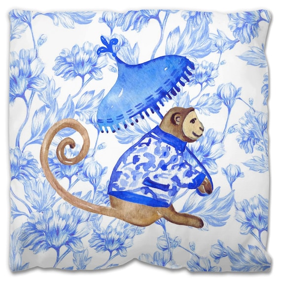 Outdoor Pillows Weatherproof Garden Cushions Asian Floral Blue Belvedere Chinoiserie Monkey Decorative Waterproof Home Garden Pillow Etsy Canada