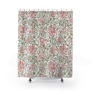 William Morris Shower Curtain | Honeysuckle Green Pink Floral Garden | Vintage Art Bathroom Accessory | Whimsical Pretty Bath Curtain