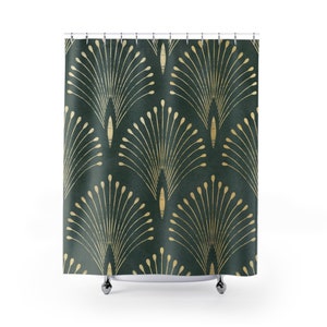 Art Deco Shower Curtain | Geometric Print | Vintage Bathroom Accessory | Forest Green & Gold Abstract Fan Pattern | Art Nouveau Curtain