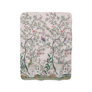 Chinoiserie Fleece Lined Blanket | Light Blush Oriental Garden Floral | Pretty Vintage Throw Blanket | Bedspread Decorative Comforter