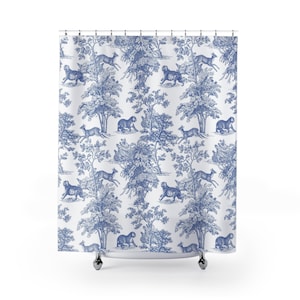Jungle Tiger Toile Shower Curtain | Blue White Boho Pattern | Contemporary Exotic Toile de Jouy Art | Artistic Bohemian Bathroom Decor