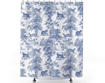 Jungle Toile Shower Curtain | Blue White Boho Pattern | Contemporary Exotic Toile de Jouy Art | Artistic Bohemian Bathroom Decor