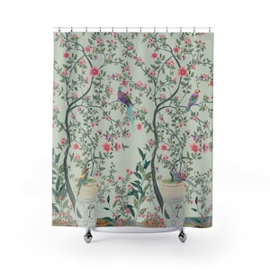 Chinoiserie Shower Curtain | Sage Green Floral Garden Botanical | Contemporary Asian Art | Artistic Bohemian Oriental Bathroom