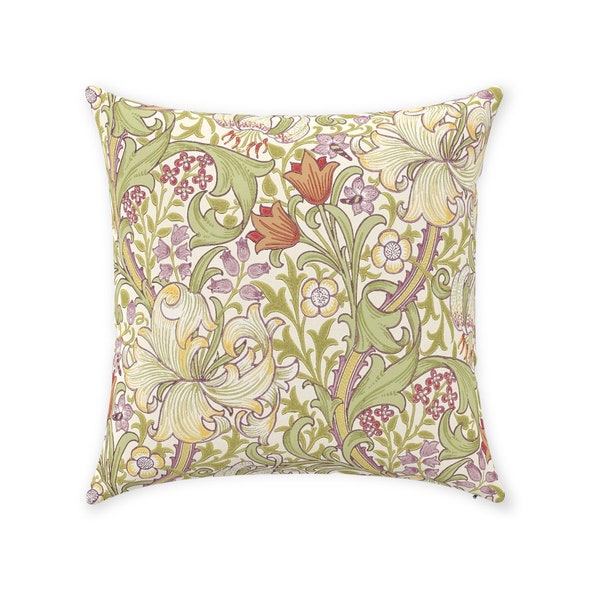William Morris Pillow Cover | Pure Cotton Twill Print Fabric | Vintage Golden Lily Pattern | Floral Olive Russet Color | Decorative Cushion