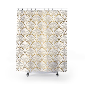 Art Deco Shower Curtain |  Geometric Print | Vintage Bathroom Accessory | White & Gold Abstract Peacock Fan Pattern | Fresh Modern Bathroom