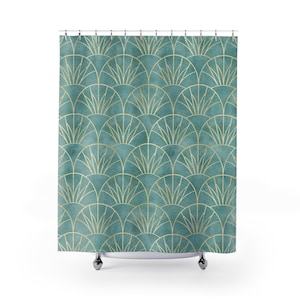 Art Deco Shower Curtain | Aqua Blue Turquoise & Gold Egyptian Lotus Pattern | Elegant Art Nouveau Style | Chic 1920s Art Deco Bathroom