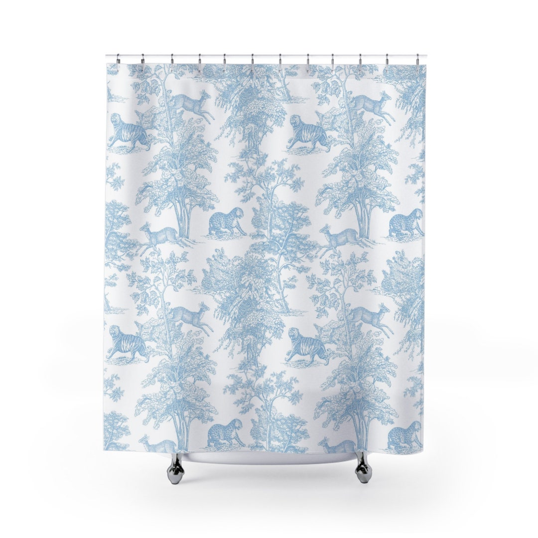 Tiger Toile Shower Curtain Vintage French Toile Pattern Light Blue