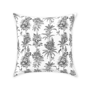 Chinoiserie Monkey Pillow Cover | Pure Cotton Twill Print Fabric | Vintage Exotic Tropical Jungle Design | Black White | Decorative Cushion