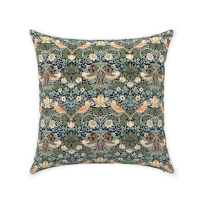William Morris Pillow Cover | Pure Cotton Twill Print Fabric | Vintage Strawberry Thief Design Pattern | Tudor Green | Decorative Cushion