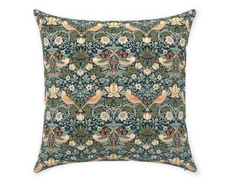 William Morris Pillow Cover | Pure Cotton Twill Print Fabric | Vintage Strawberry Thief Design Pattern | Tudor Green | Decorative Cushion