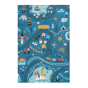 Straßkarte Blauer Teppich | Kinderzimmer Spielmatte | Skandinavischer Kunstteppich | Kinderzimmer Bereich Bodenmatte | Tiere Nacht Teppich Baby Shower