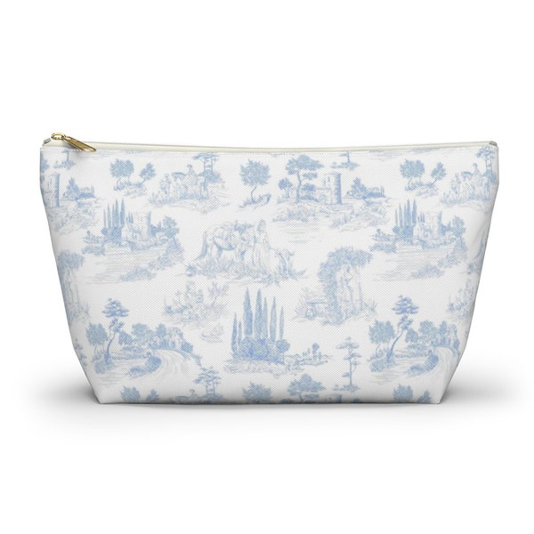 Toile de Jouy Cosmetic Bag | Make Up Accessory Pouch | Pretty Vintage Toiletries Case | Antique French Baby Blue Toile Pattern Bathroom