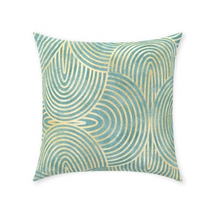 Art Deco-örngott | Tyg med twillmönster i ren bomull | Gatsby Vintage Curves-design | Fräsch sommarmintgrön och guld | Dekorativ kudde