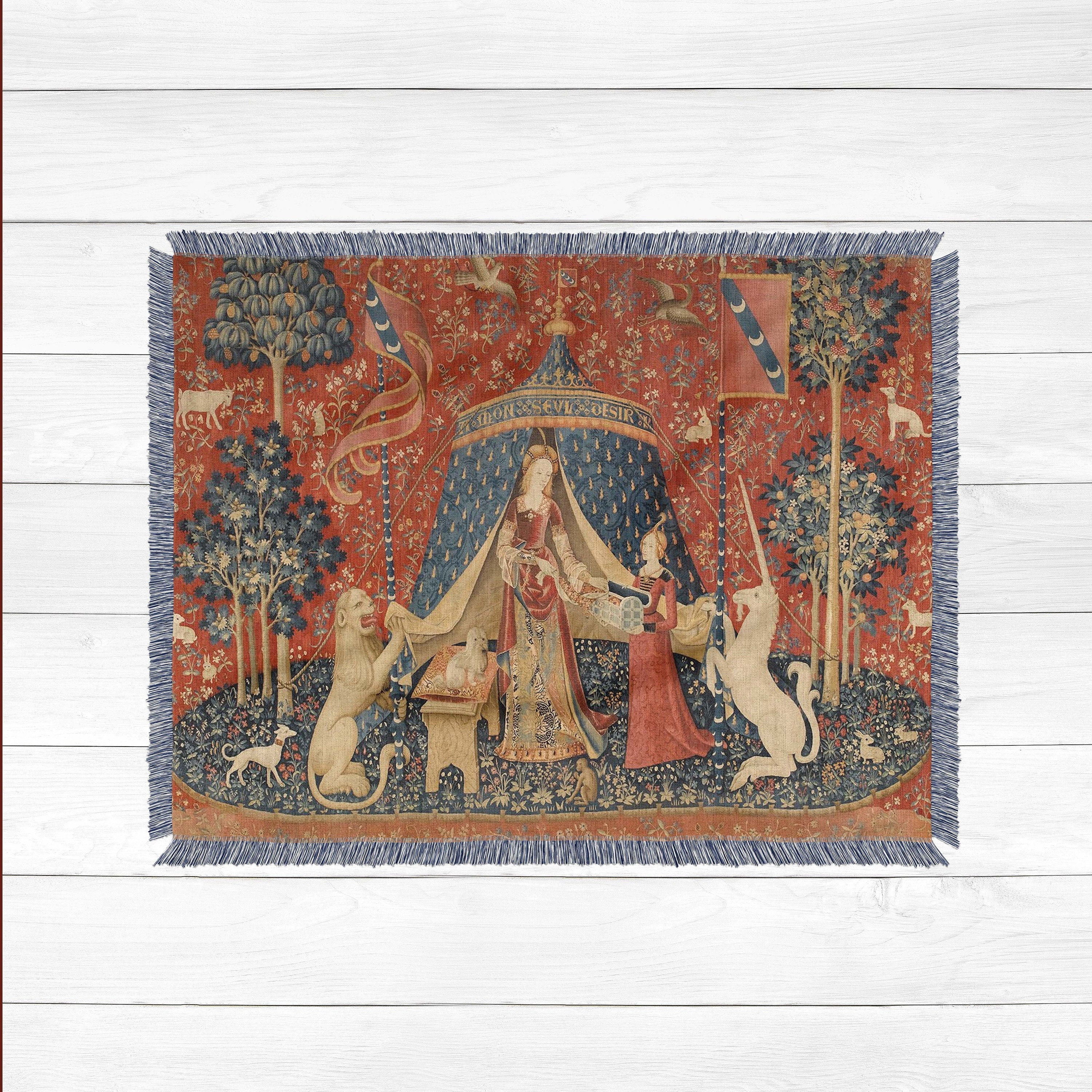 The Lady the Unicorn Woven Blanket Throw Medieval Tapestry Blanket Mille fleurs Middle Ages Art Organic Cotton Tasselled Edging Etsy Canada