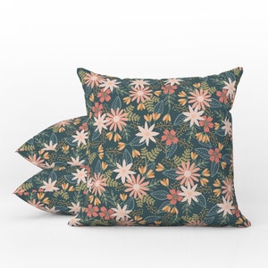 Outdoor Pillows | Weatherproof Garden Cushions |  Flower Power Retro Floral Pattern | Dark Green & Peach Pink | Waterproof Home Garden Decor