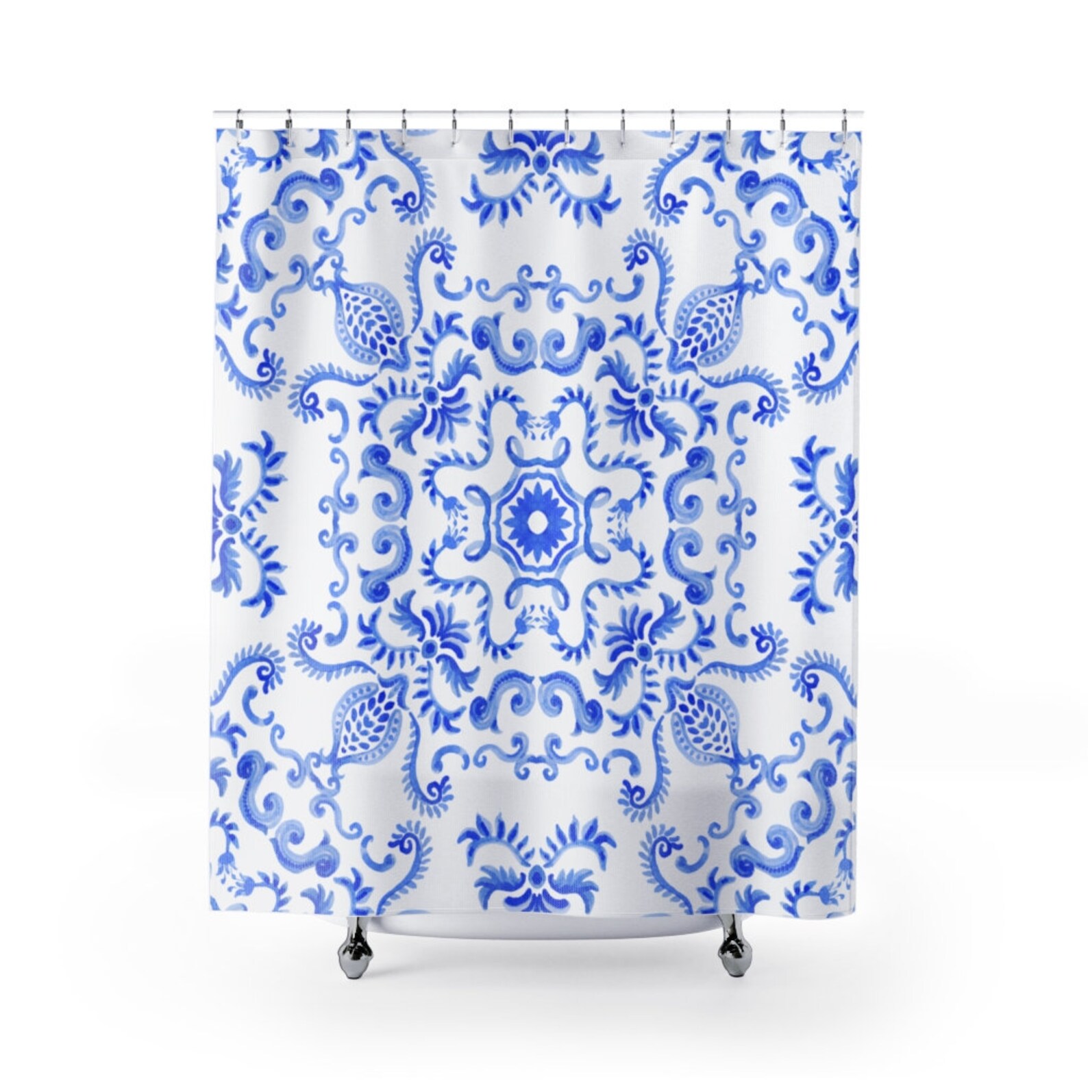 Positano Shower Curtain Mediterranean Pattern Blue White Etsy