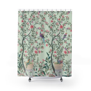 Chinoiserie Shower Curtain | Romantic Cherry Blossom Birds Landscape | Vintage Chinese Art Bathroom Accessory | Antique Mint Green Floral