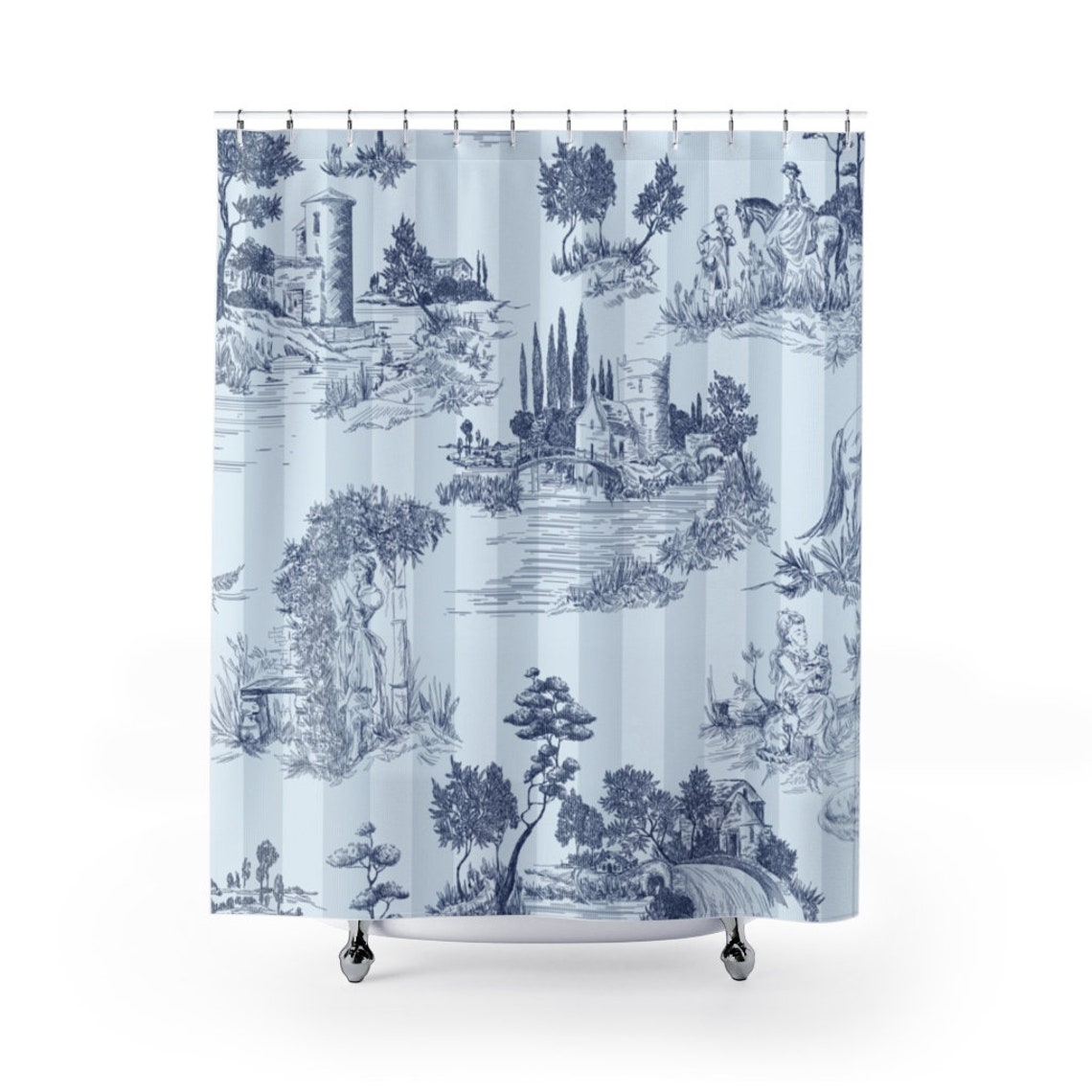 Toile Shower Curtain Soft Blue Striped French Toile Print Etsy