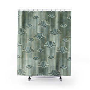 Art Deco Shower Curtain | Geometric Print | Vintage Bathroom Accessory | Green & Gold Abstract Curve Pattern | Art Nouveau Decor